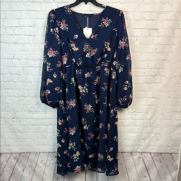 BloomChic Blue and Pink Floral Long Sleeve Sheer Overlay Dress - Picture 2 of 7